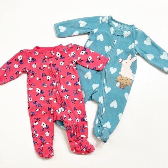 Carter's baby girls floral + fleece zip up footies - Picture 1 of 3